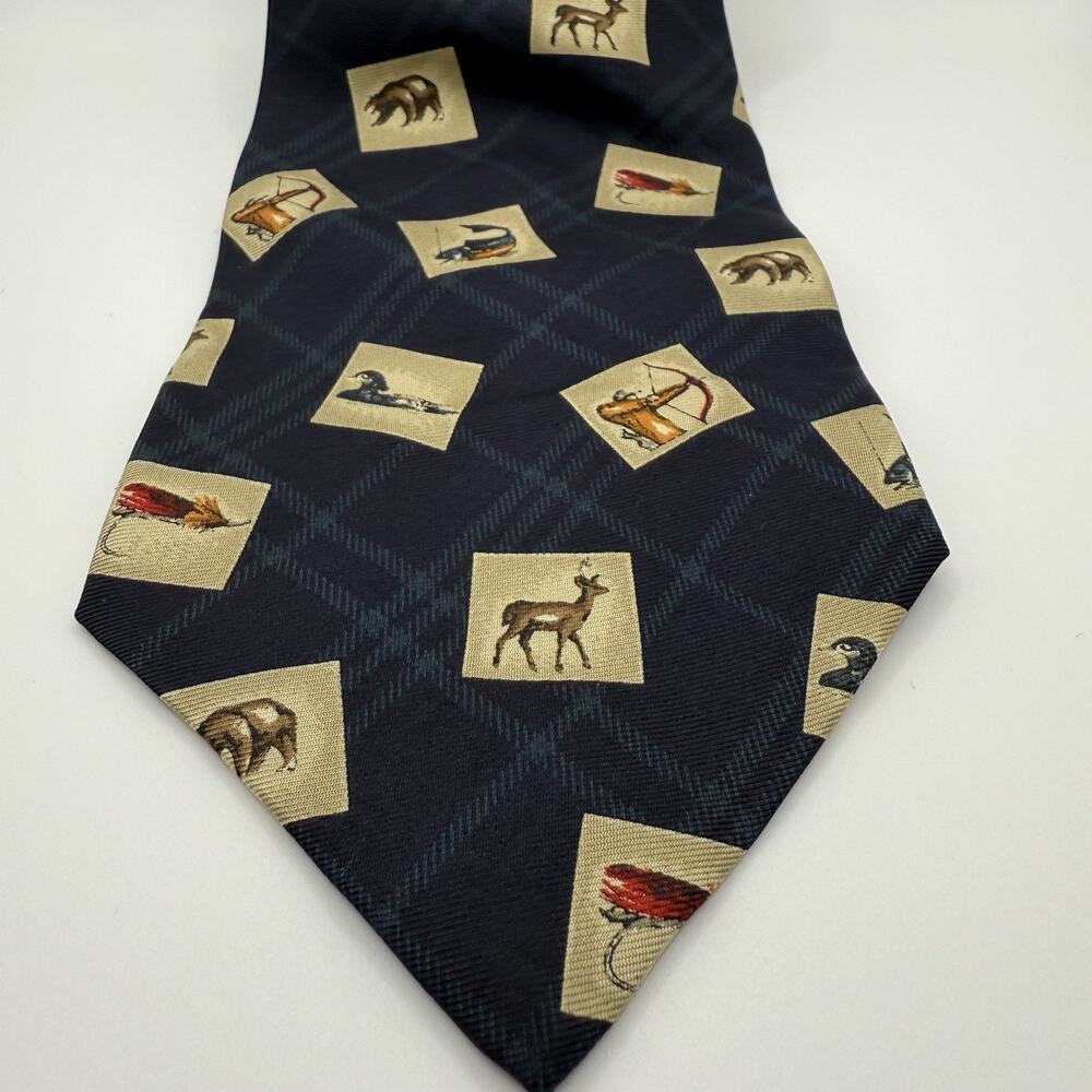 Chaps Ralph Lauren 100% Silk Tie Made‎ in USA Plaid Outdoorsman Print Fish Deer - Picture 3 of 7